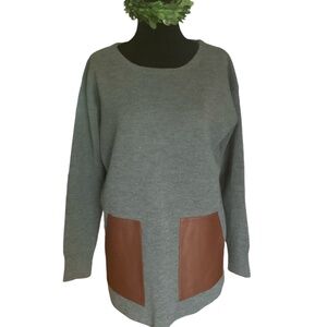J Crew Merino Wool Oversized Crewneck Sweater Tunic Leather Pockets Grey…